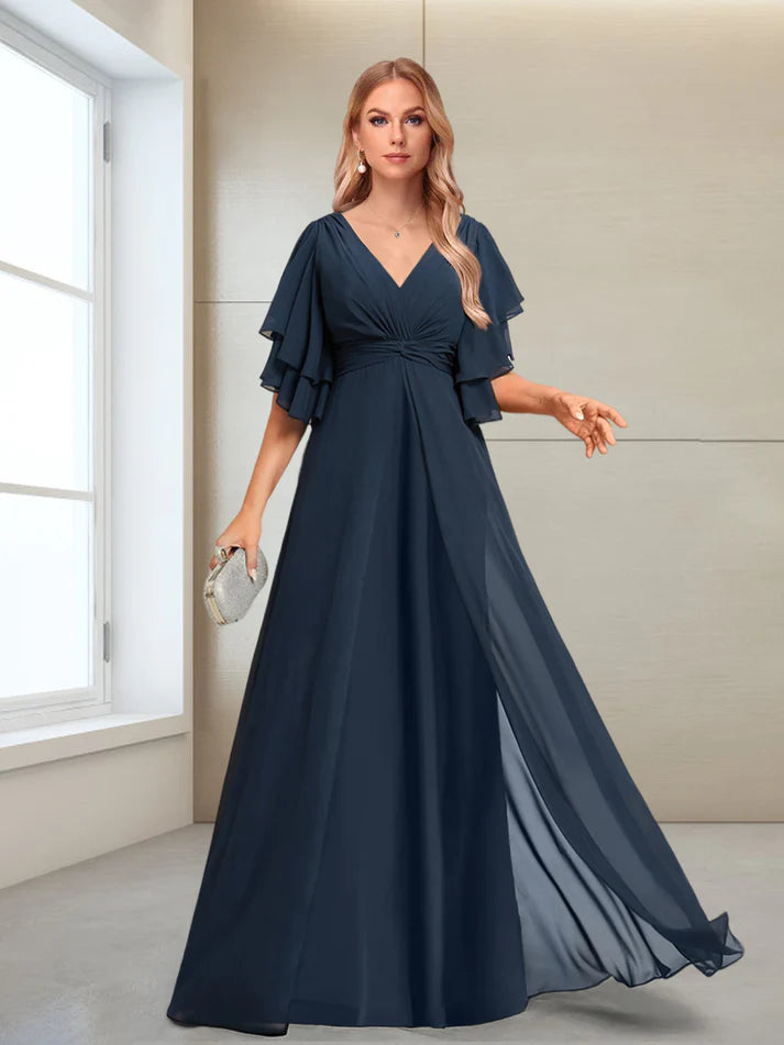Princess V-Neck Floor-Length Half Sleeves Mother of the Bride Dresses